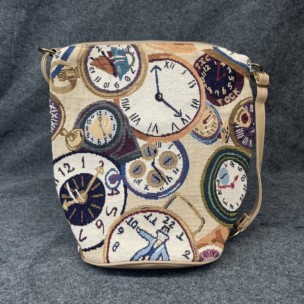 Vintage Clock Tapestry Purse Woven Novelty Steampunk Grannycore Boho Satchel Bag